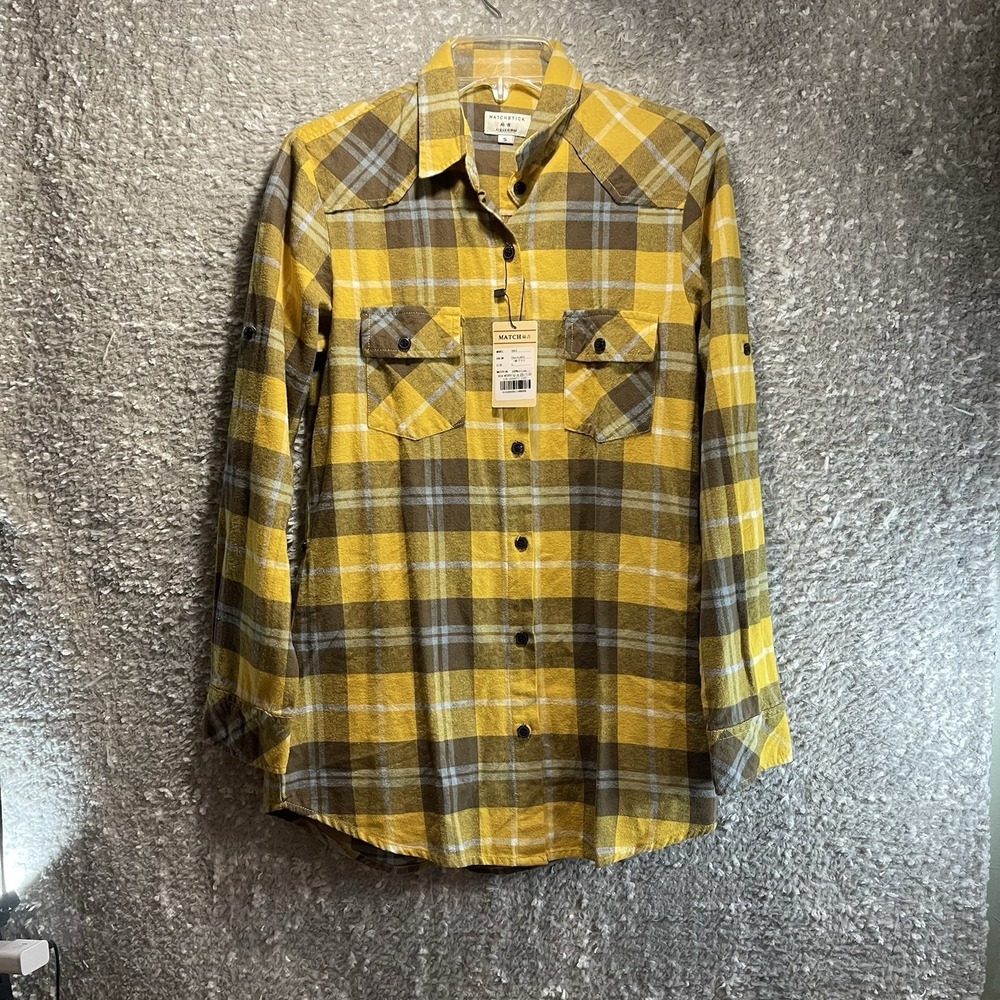 Matchstick Shirt Womens S Plaid Flannel Roll Tab Sleeve Button Up Western NWT